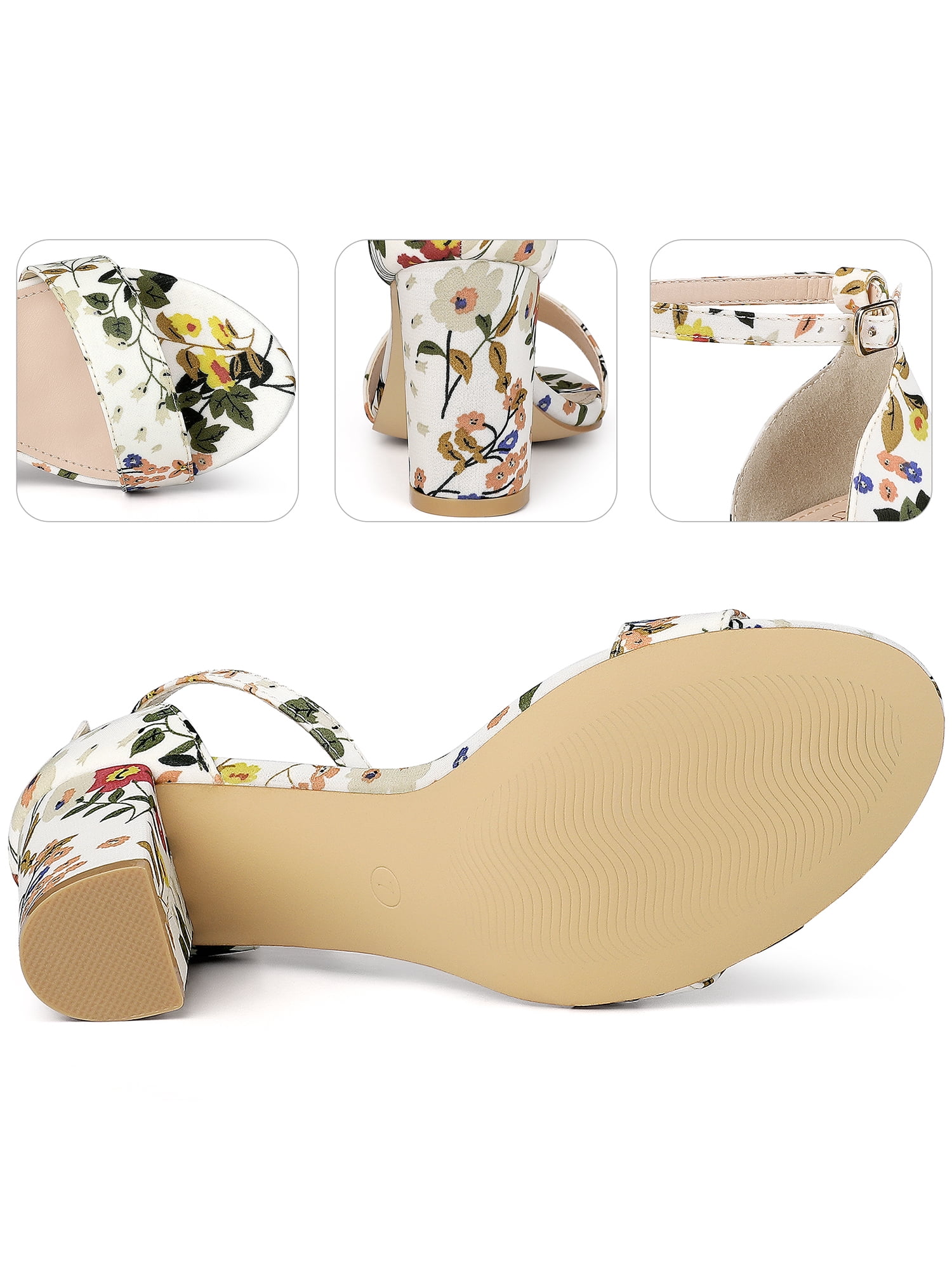 DARING DIVA Women's Floral Open-Toe Ankle Strap Chunky Heel Sandals White 8.5