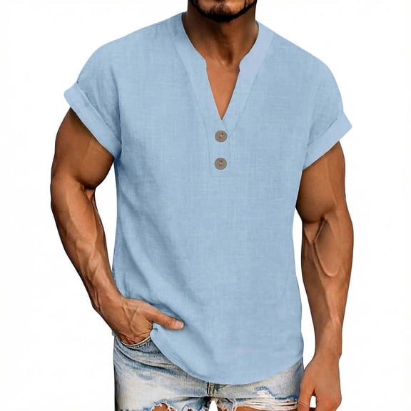 hotojiny Mens Casual Henley Shirt Short Sleeve V Neck Breathable T-Shirts Summer Beach Travel Cotton Linen Tshirts with Buttons