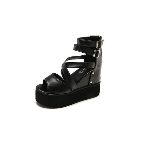 

LUXUR Womens Casual Opene Peep Toe Platform Wedge Sandals Gothic Punk Leather Shoes US 4-11