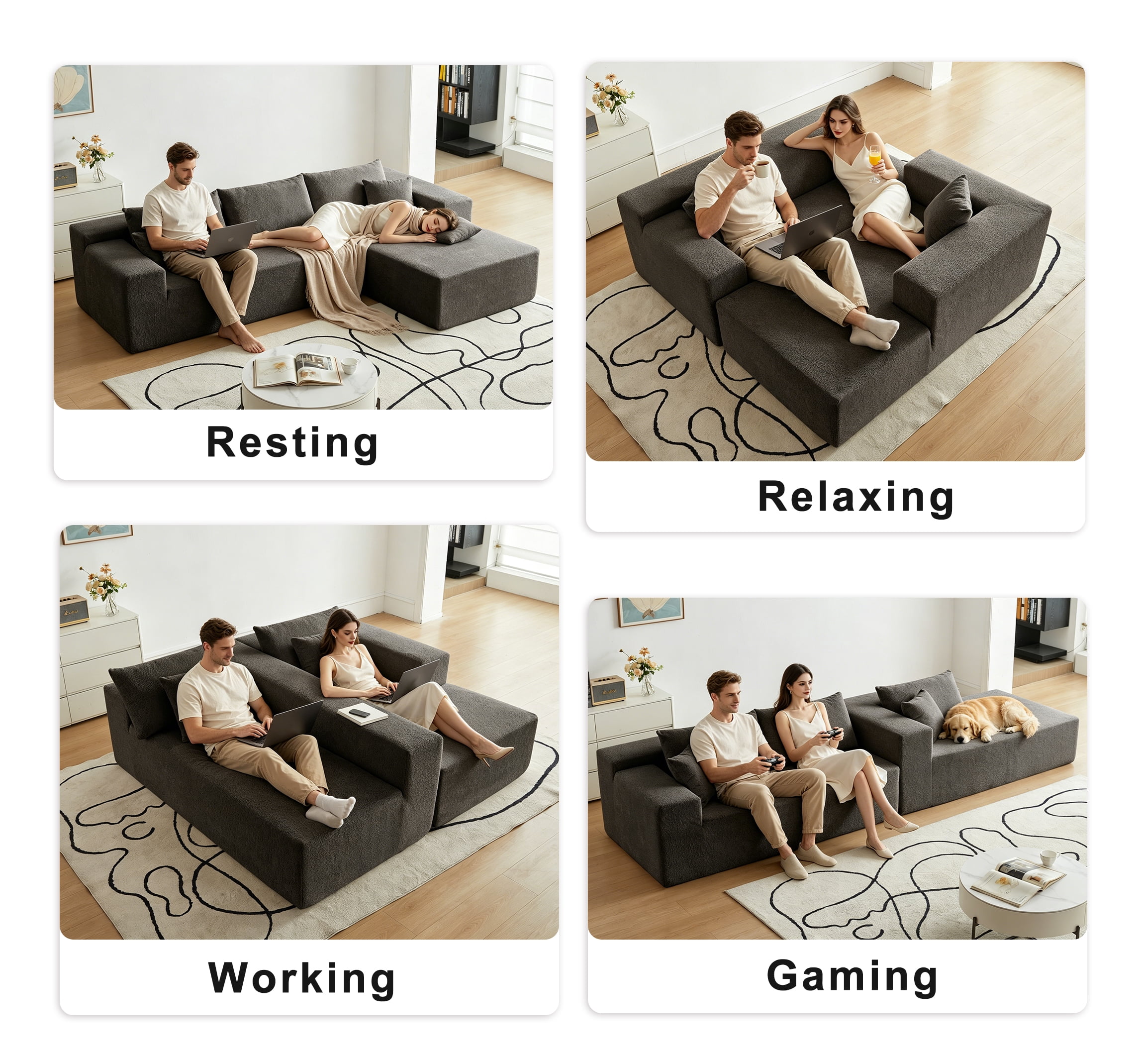 Xiweot 103" Boneless Sectional Sofa for Living Room, Memory Foam Cloud Modular Sectional Couch with Deep Seat, No Assembly Velvet L Shaped Sofa with Right Facing Chaise, Dark Gary