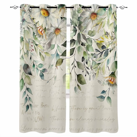 White Daisy Blackout Curtains 39 Inches Long, Spring Floral Eucalyptus Leaves Summer Botanical Thermal Insulated Black Out Curtains, Short Darkening Window Curtain for Cafe Bedroom 27.5"x39" 2 Panels