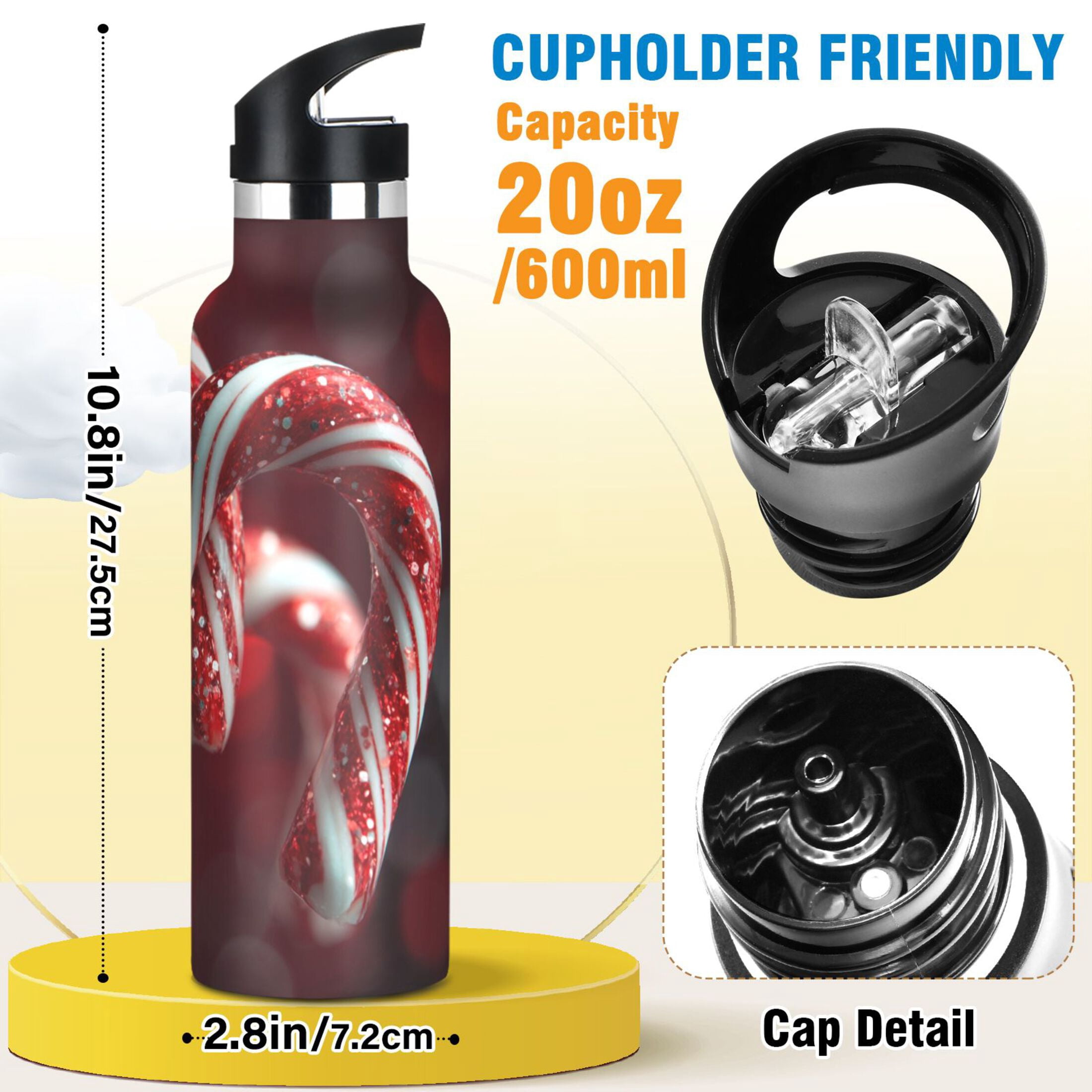 600ML Stainless Steel Insulated Cup Sports Water Bottle Portable Thermos Cup Water Glasses Insulated Tumblers Convenient and Durable Cartoon Christmas Candy Cane