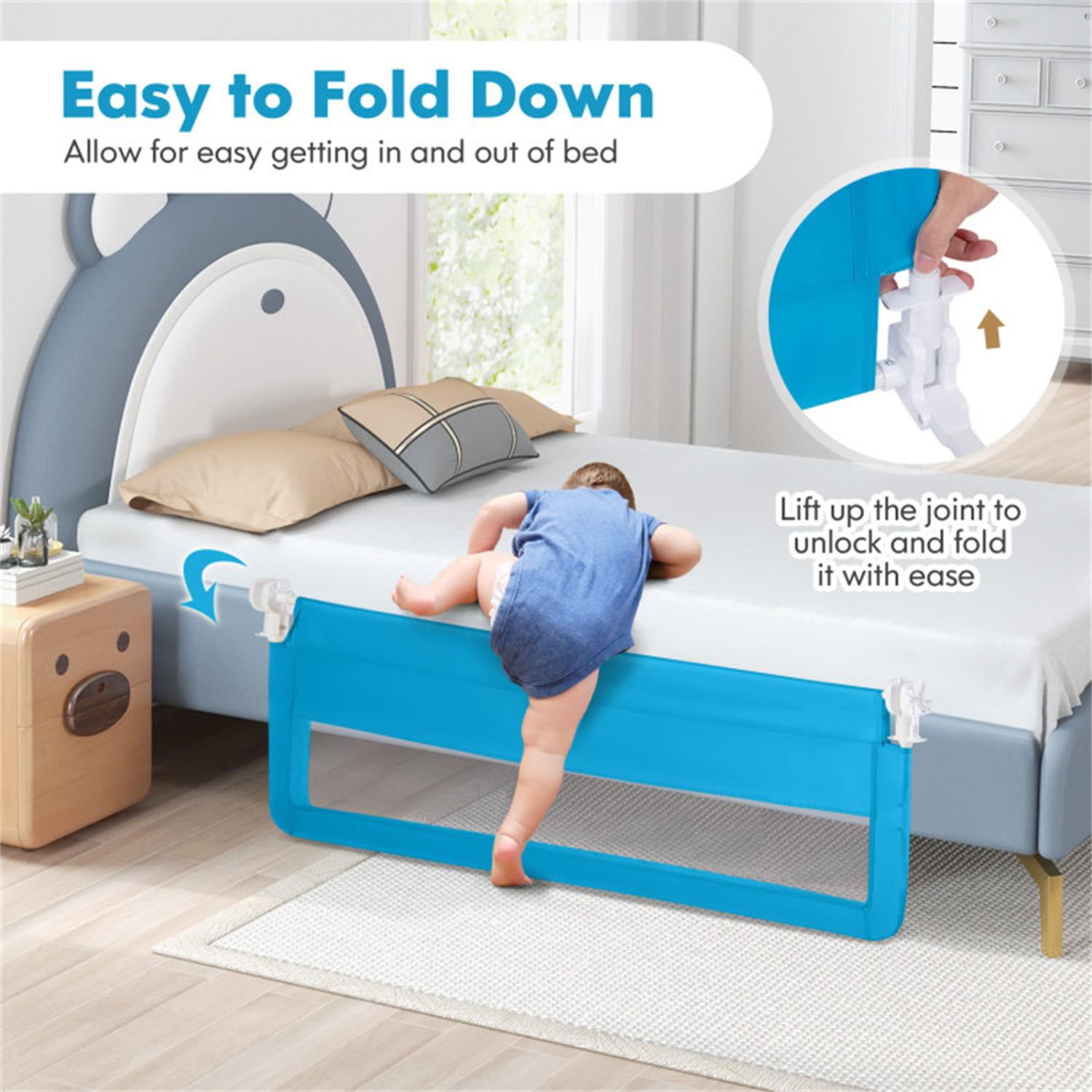 Spaco 59 Inch Folding Breathable Baby Bed Rail Guard with Safety Strap, Bed Rail, Versatile Bed Guardrail for Queen, King, Twin, and Bunk Size Beds, Blue