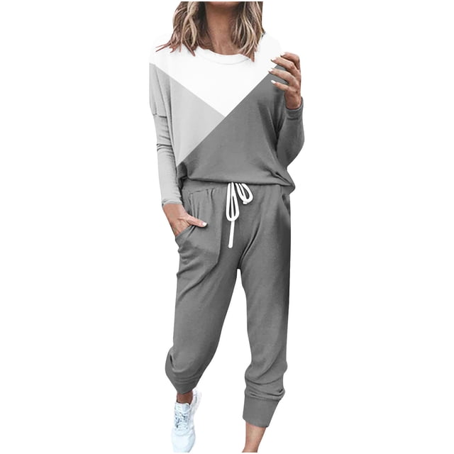 Bowake Womens Two Piece Outfits Sweatsuits Casual Color Block Crewneck Long Sleeve Tops and Pants Lounge Sets Tracksuits