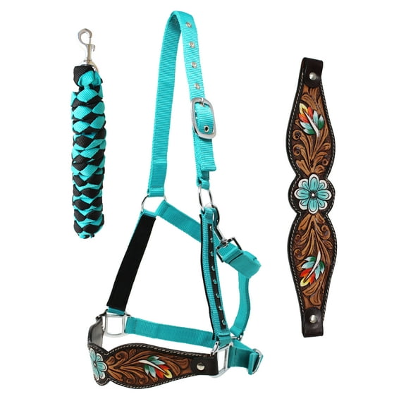 Challenger Horse Noseband Tack Bronc Leather HALTER Tiedown Lead Teal 280HR19