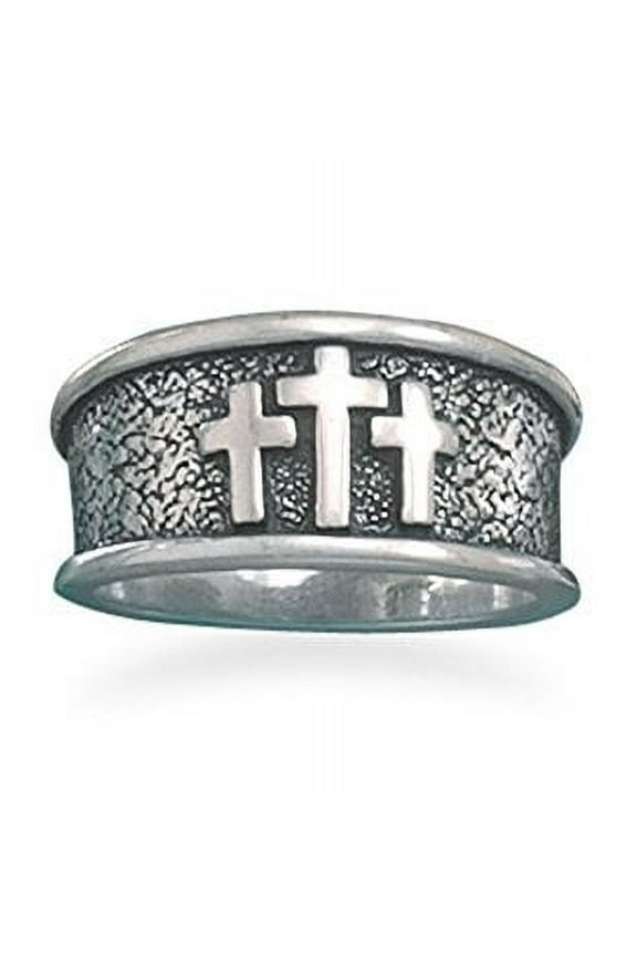 Three Cross Ring Antiqued Sterling Silver Tapered
