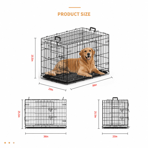 36" Dog Crate, Heavy Duty Metal Dog Kennel Indoor, Pet Cage for Small Medium Dogs, High Anxiety Dog Crate with Double Door, Durable Handle & Pull-out Tray, Easy Clean, Black