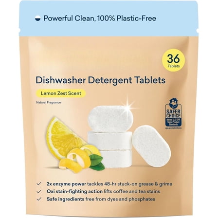100% Plastic-Free Dishwasher Detergent Tablets, 36 Count, Lemon Zest Scent, Eco Friendly Dishwashing Pods, Natural, USDA Certified biobased