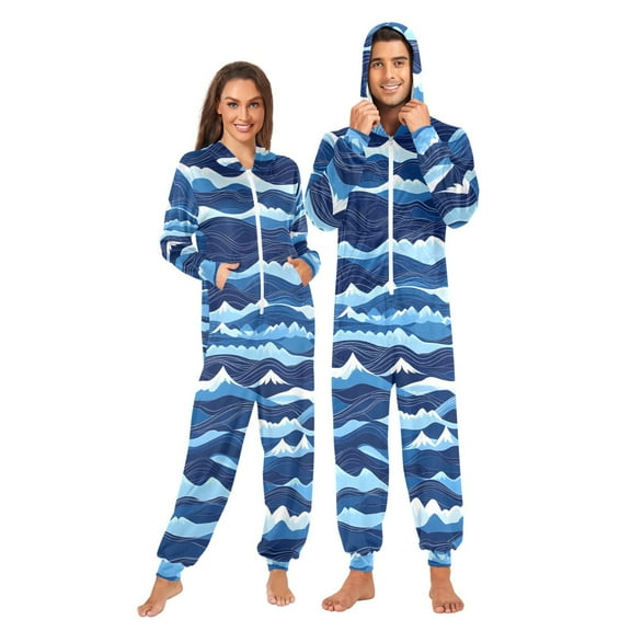 Blue Ocean Waves Adult onesie Pajamas, Crystal Velvet Ultra Soft Warm Jumpsuit for Men and Women