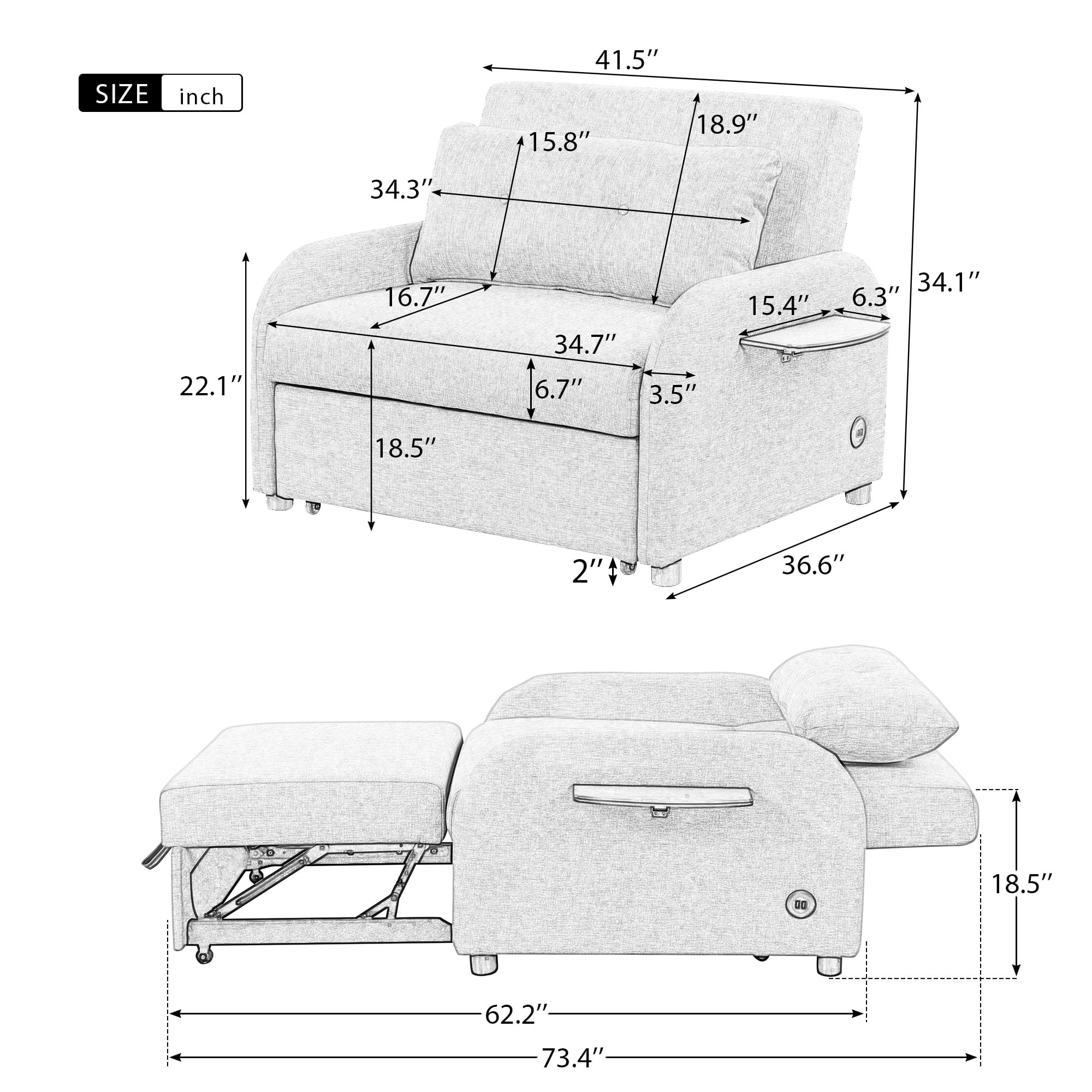 Pull Out Sofa Sleeper with Adjustable Backrest, 3 in 1 Multifunctional Sofa Bed with 2 Wing Table Side Pocket and USB Charge, Linen Fabric, for Living Room, Recreation Room, Beige