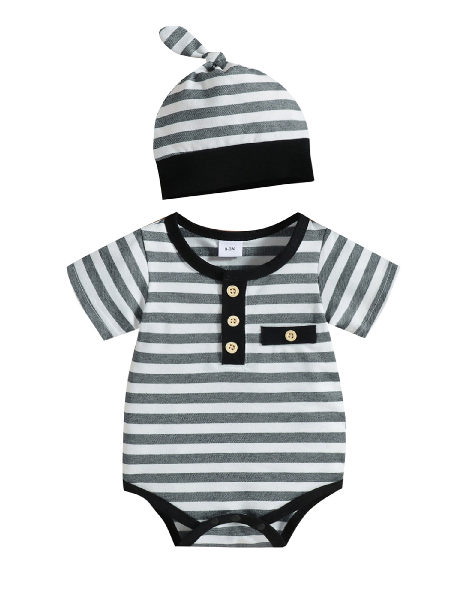 Mialoley Unisex Baby Boys Romper hi Strips Pants+Hat Outfit Summer Clothes Set Im New HERE Tops Bodysuit