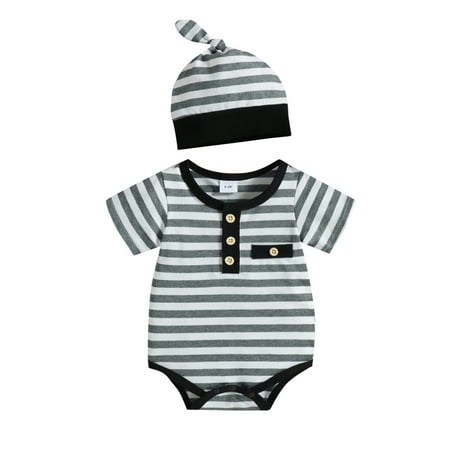 

Yinyinxull Newborn Baby Boy 2Pcs Outfits Sets Contrast Color Striped Short Sleeve Bodysuit Romper + Hat Clothes Grey Stripe 6-9 Months