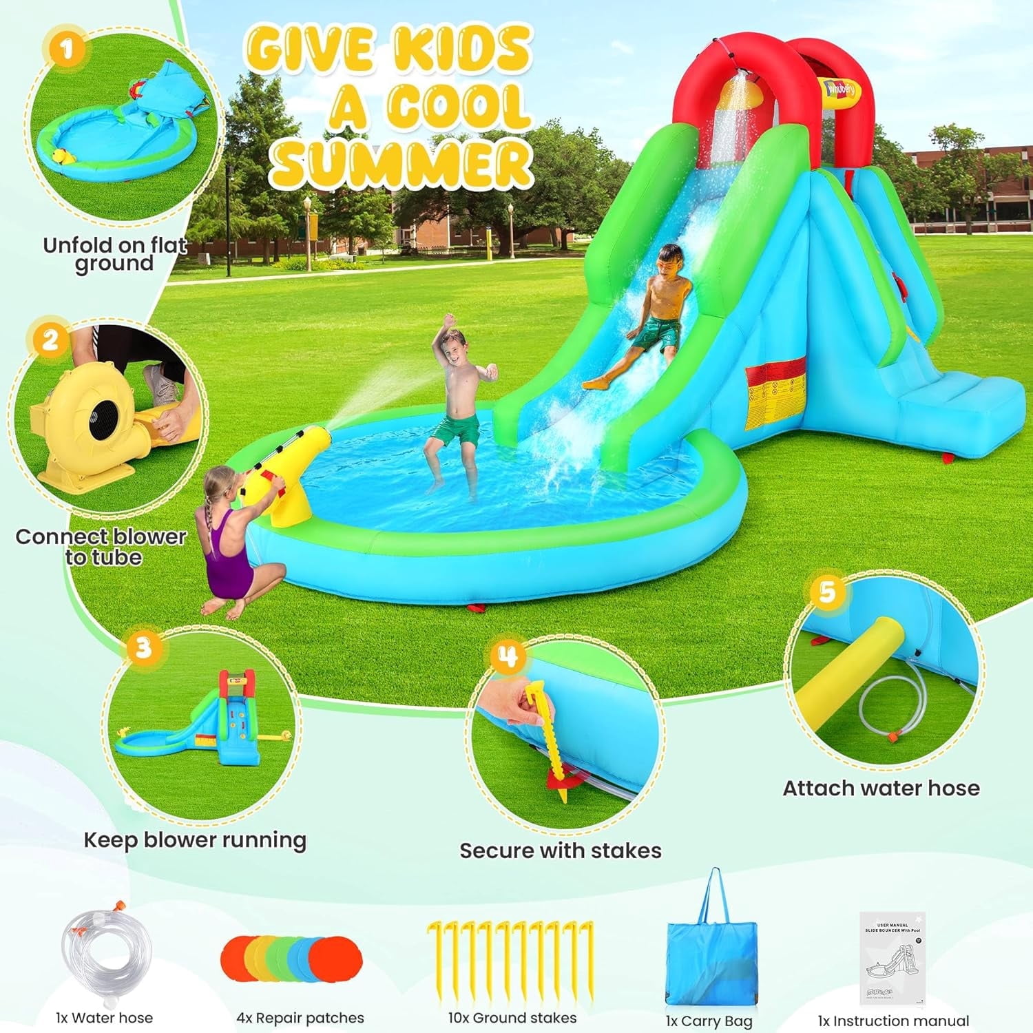 Inflatable Bounce House for Kids 3-10, Inflatable Water Slide with 322W Blower, Bouncy Castle with Large Pool/Ball Pit, Climbing Wall, Outdoor/Indoor, Party, Birthday