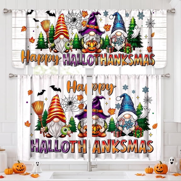 Happy Hallothanksmas 3 pc Kitchen Curtain Set with Gnomes for Holiday Decor