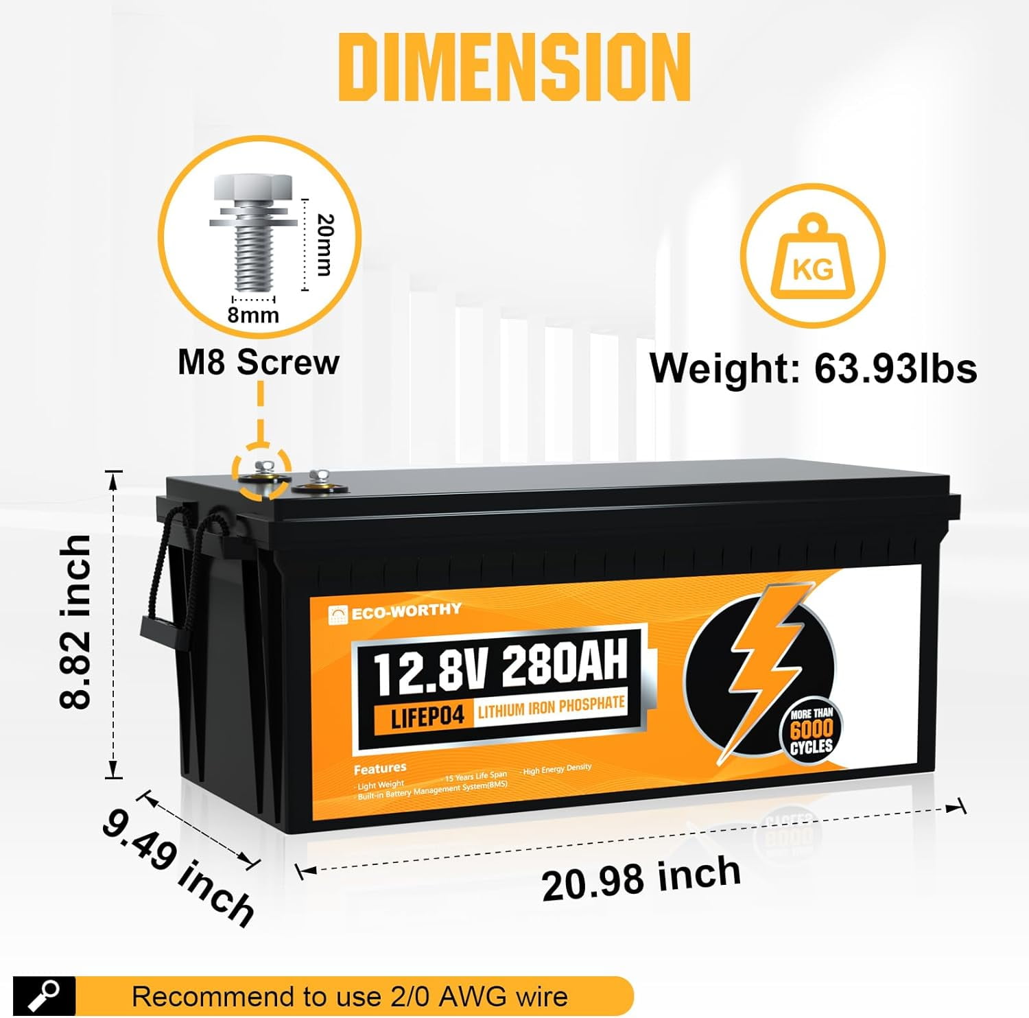 ECO-WORTHY 12V 280Ah LiFePO4 Lithium Battery, 6000+ Deep Cycles, 3584Wh Energy, for Off-Grid, RV, Solar System