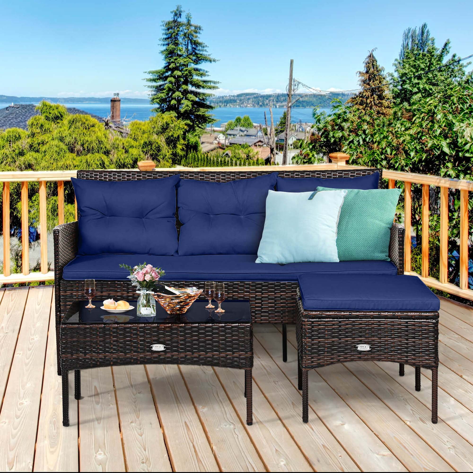 Costway 3PCS Patio Rattan Furniture Set 3-Seat Sofa Cushioned Table Garden Navy
