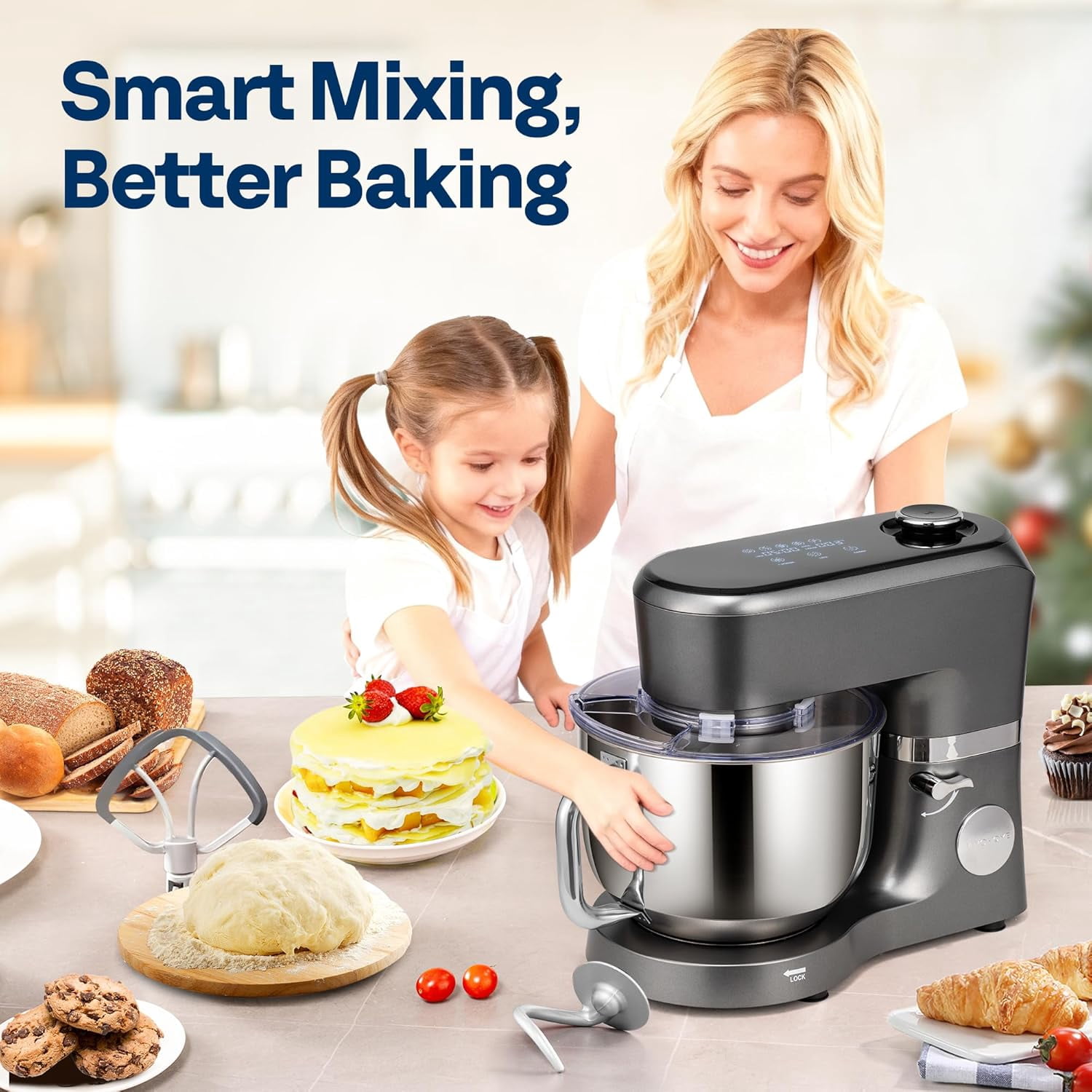 SPECSTAR Stand Mixer with Fermentation, One-Touch Presets Electric Dough Mixer with 6 Qt Bowl, Kitchen Standing Mixer for Baking, Cake with Flex Edge Beater, Bread Hook, Whisk, Gray