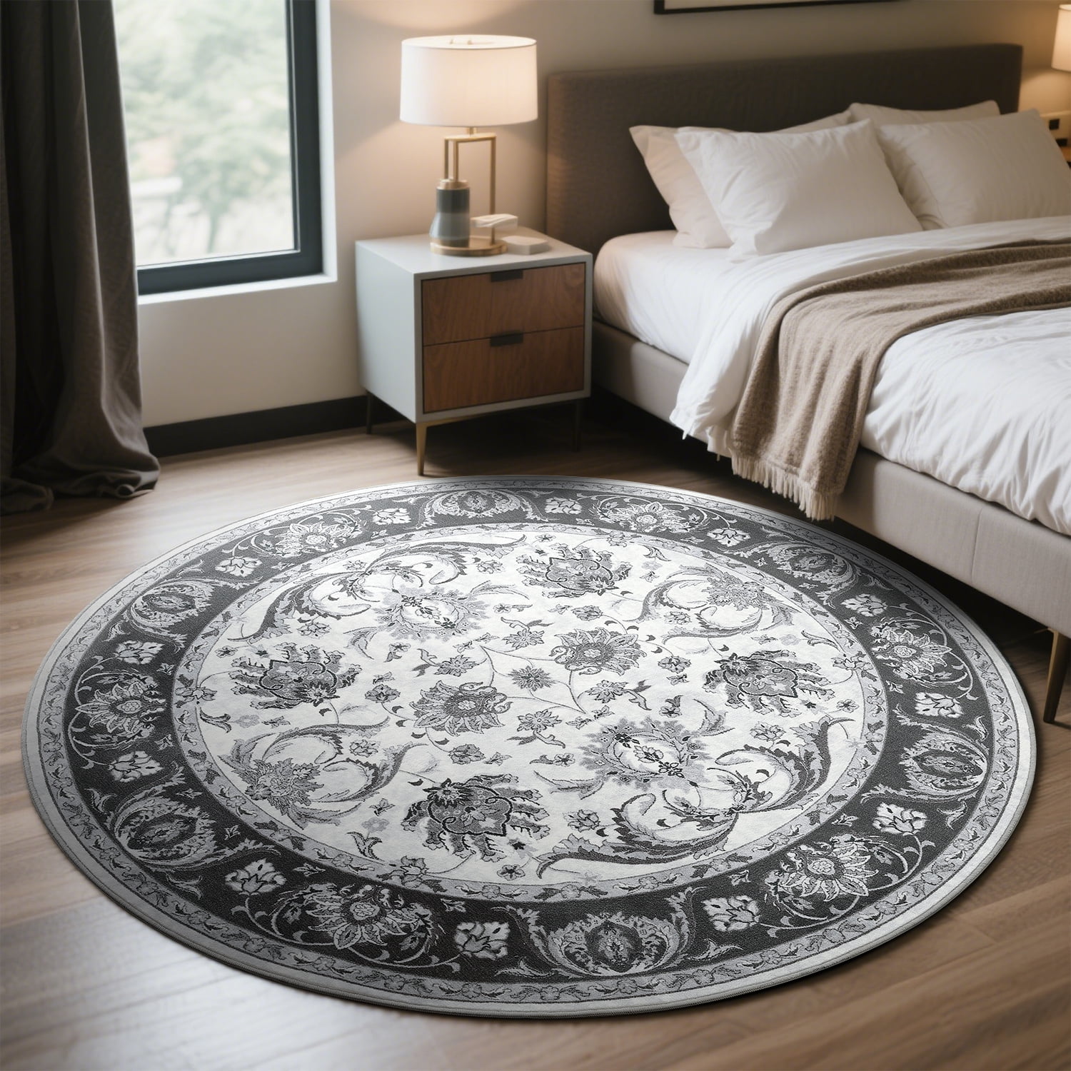 Cydiria Gray Round Persian Medallion Area Rug Floral Pattern Print Low-Pile Carpet for Living Room, 6' x 6'