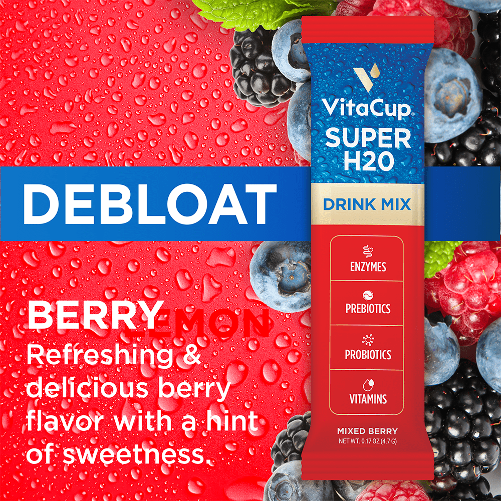 VItaCup Super H2O Bloating Relief Drink Mix Packets, Mixed Berry Flavor Water Enhancer, 16 ct