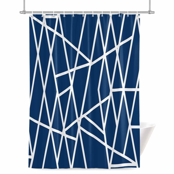 Modern Themed Shower Curtain, 36" x 72", Irregular Blue Shapes White Lines Pattern Waterproof Bathroom Curtain Washable Shower Curtain Set with 12 Hooks