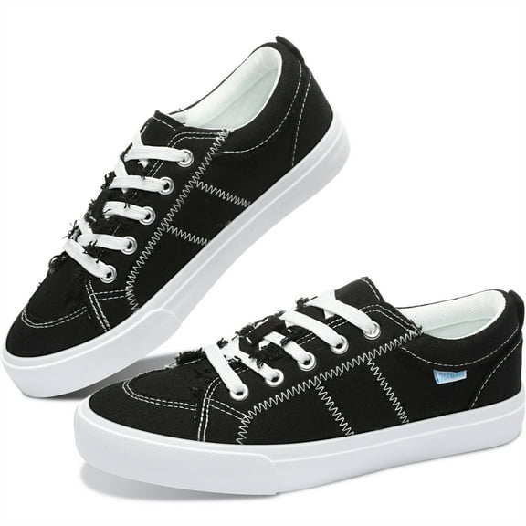 Obtaom Women Canvas Fashion Sneakers Lace up Play Canvas Shoes Low Top washed Canvas Flat for lady(Black,US8)