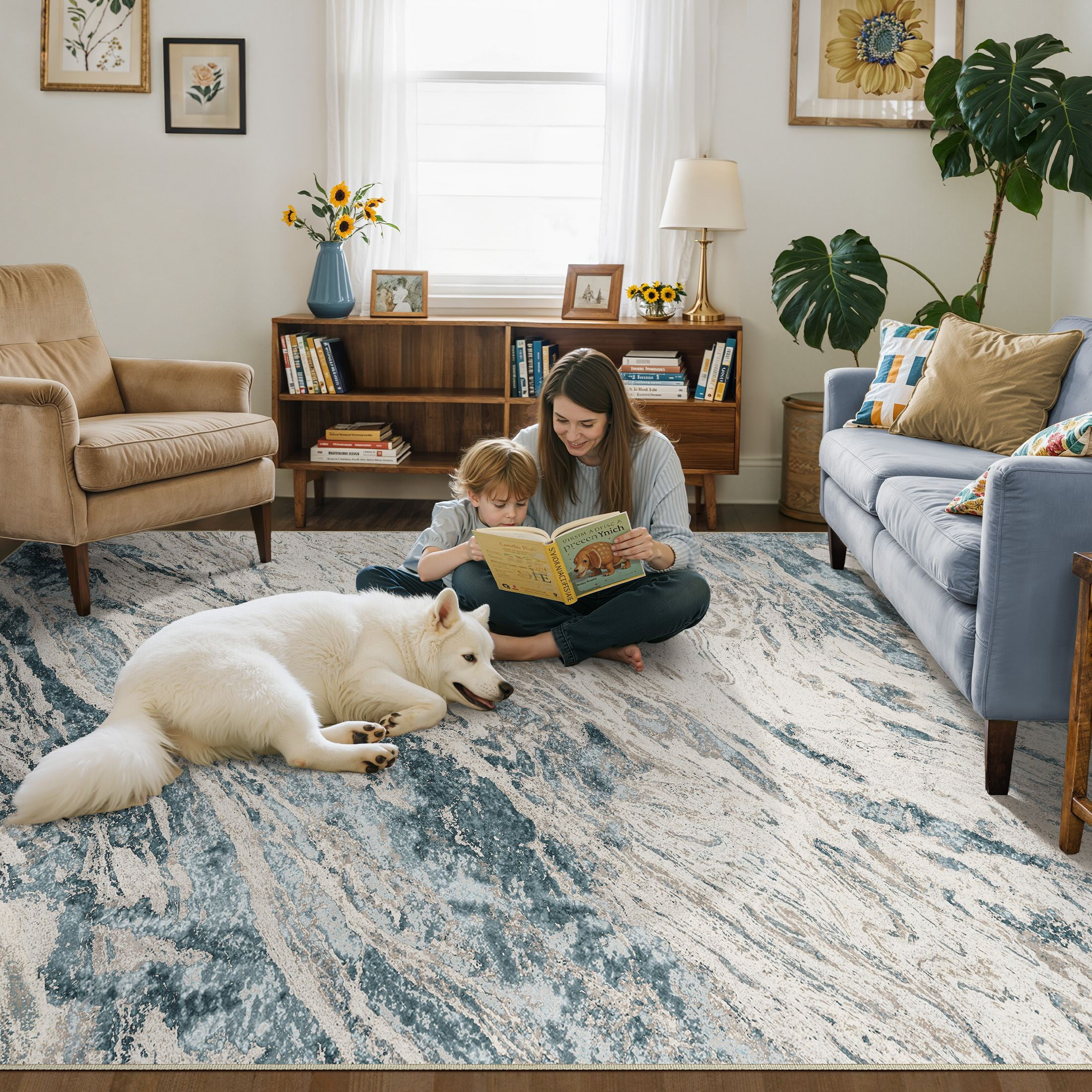 MICGEEK 6x9 Washable Area Rugs for Living Room, Modern Abstract Printed Rug, Vacuum-Friendly, Non Slip Indoor Rug for Bedroom Dining Room Home Decor Carpet, Blue/Brown