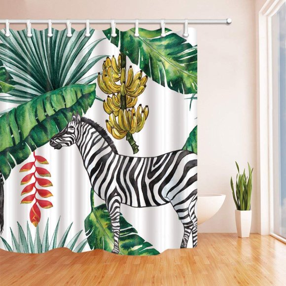 RYLABLUE Animals Zebra in the Tropical Plants Banana Leaves Palm Trees Polyester Fabric Bathroom Shower Curtain 66x72 inches