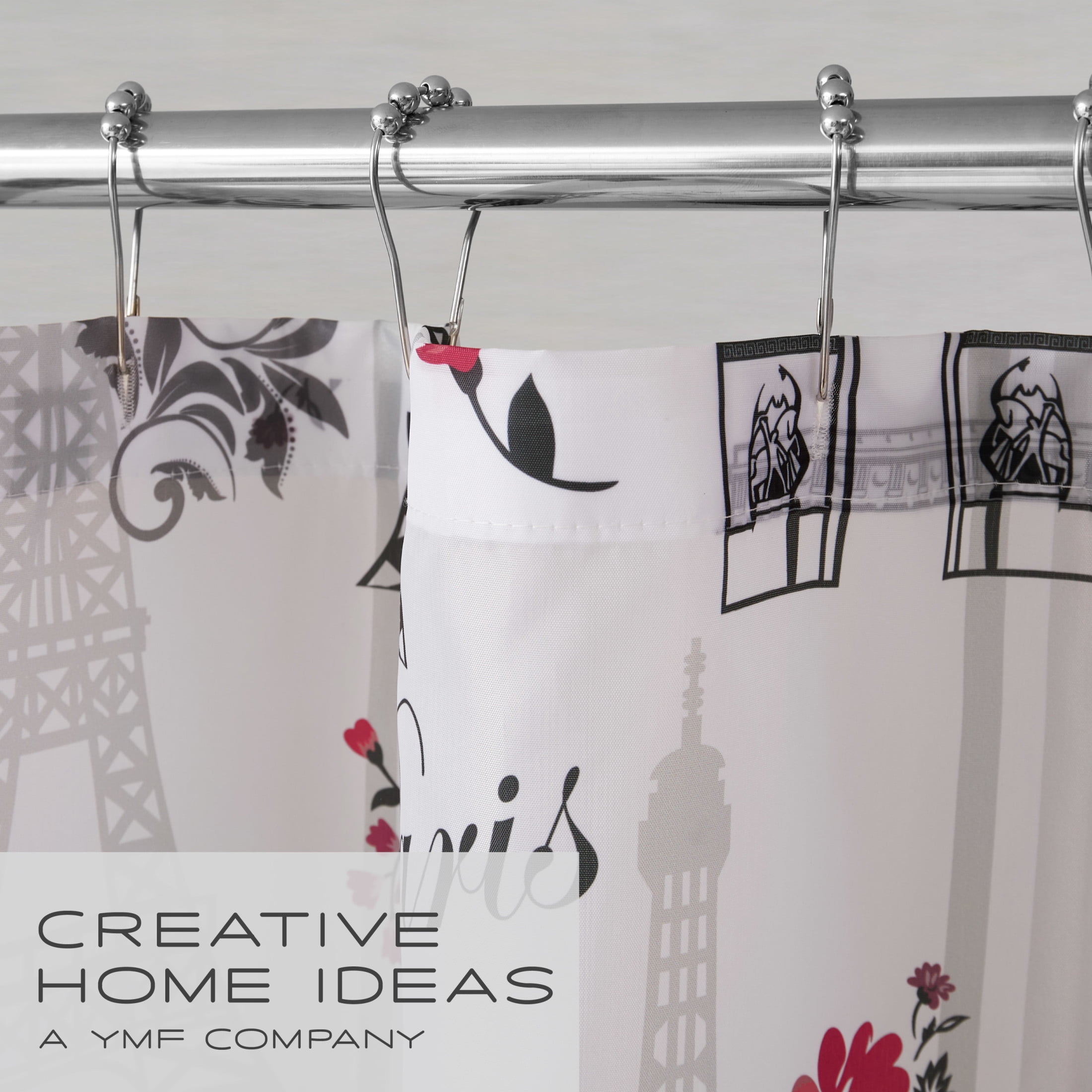 CHI Paris Love Shower Curtain with Hooks and Rugs Modern Washable 72" W x 72" L 15-Piece Set