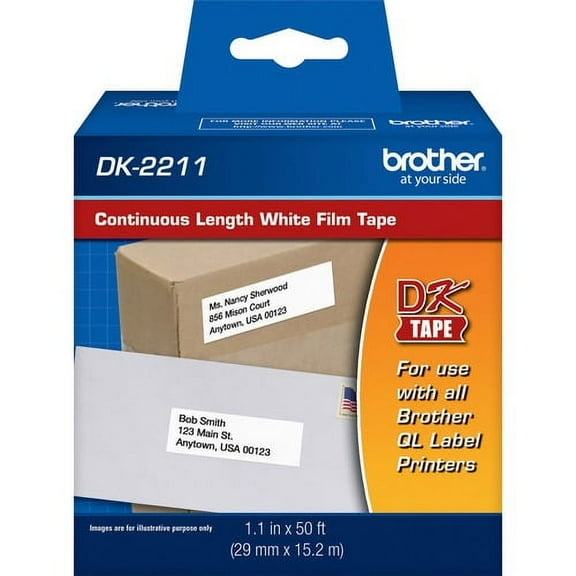 Brother DK2211 - Continuous Length Film Tape - Removable Adhesive - 1.14" Width x 50 ft Length - Direct Thermal - White - 1 / Roll | Bundle of 5 Rolls