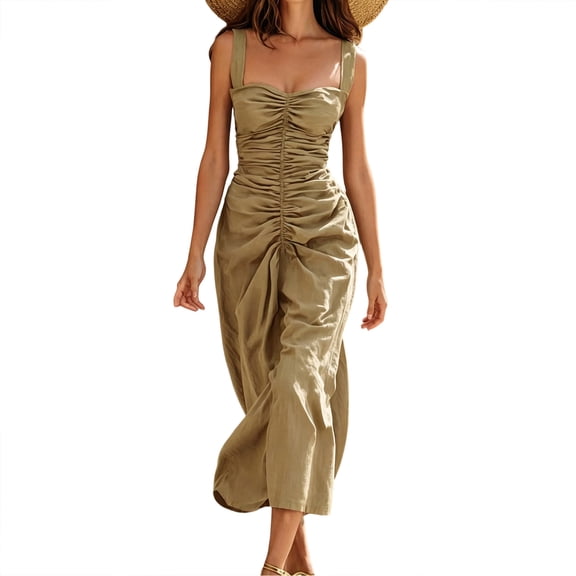Elegant Ruched Maxi Dress for Women Summer Square Neck Sleeveless Sexy Wedding Guest Vacation Dresses