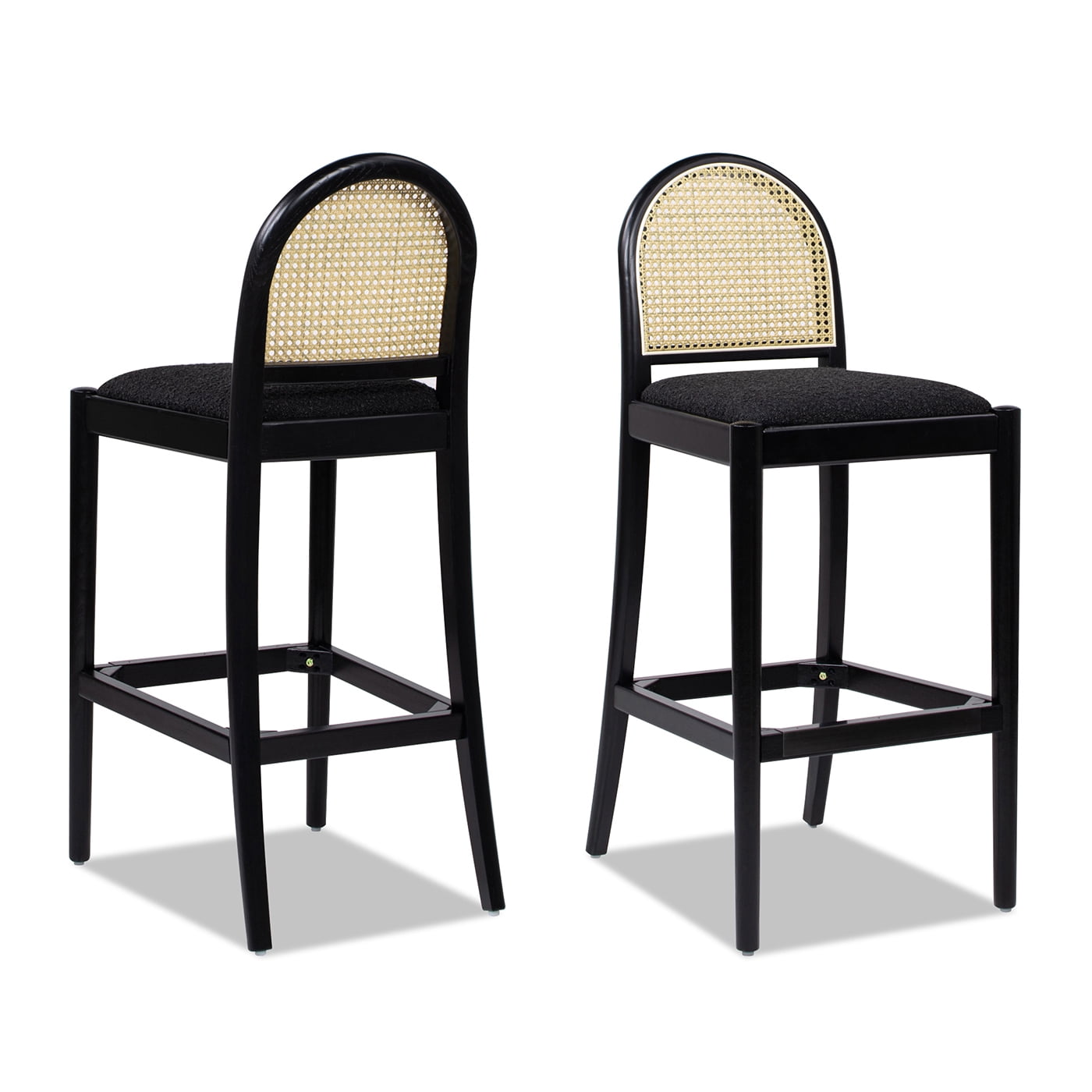 Panama 30.5" Curved Back Cane Rattan Set of 2 Bar Stools in Ebony Black Boucle