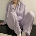 thumbnail image 6 of Women's Night Purple Long Sleeve Notch Collar Pajama Set with Button-Up Front Pocket Loungewear, Size L, 6 of 8