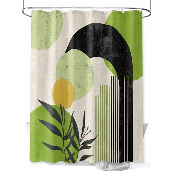 Fsddascl Boho Middle Century Shower Curtain Set - 54" x 78" Washable Bathtub Curtain with 12 Hooks, Abstract Green Geometric Leaves Waterproof Fabric Stall Shower Curtains for Bathroom/Bathtub