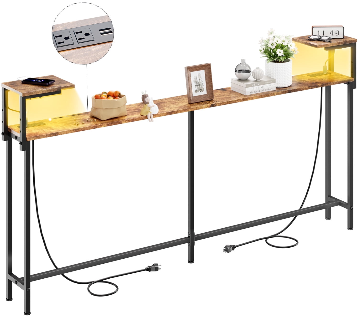 HLDIRECT 71 inch Console Table with Storage, Narrow Entryway Table with Outlet, Sofa Table with LED Light for Living Room, Hallway Table