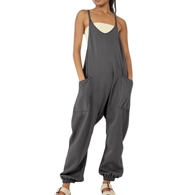 UAMVSH Combinaisons pour Femmes Col Rond Bretelles Spaghetti Combinaison Longue avec Bas Resserré Coupe Ample Été Décontracté Vêtements Tendance pour Dames