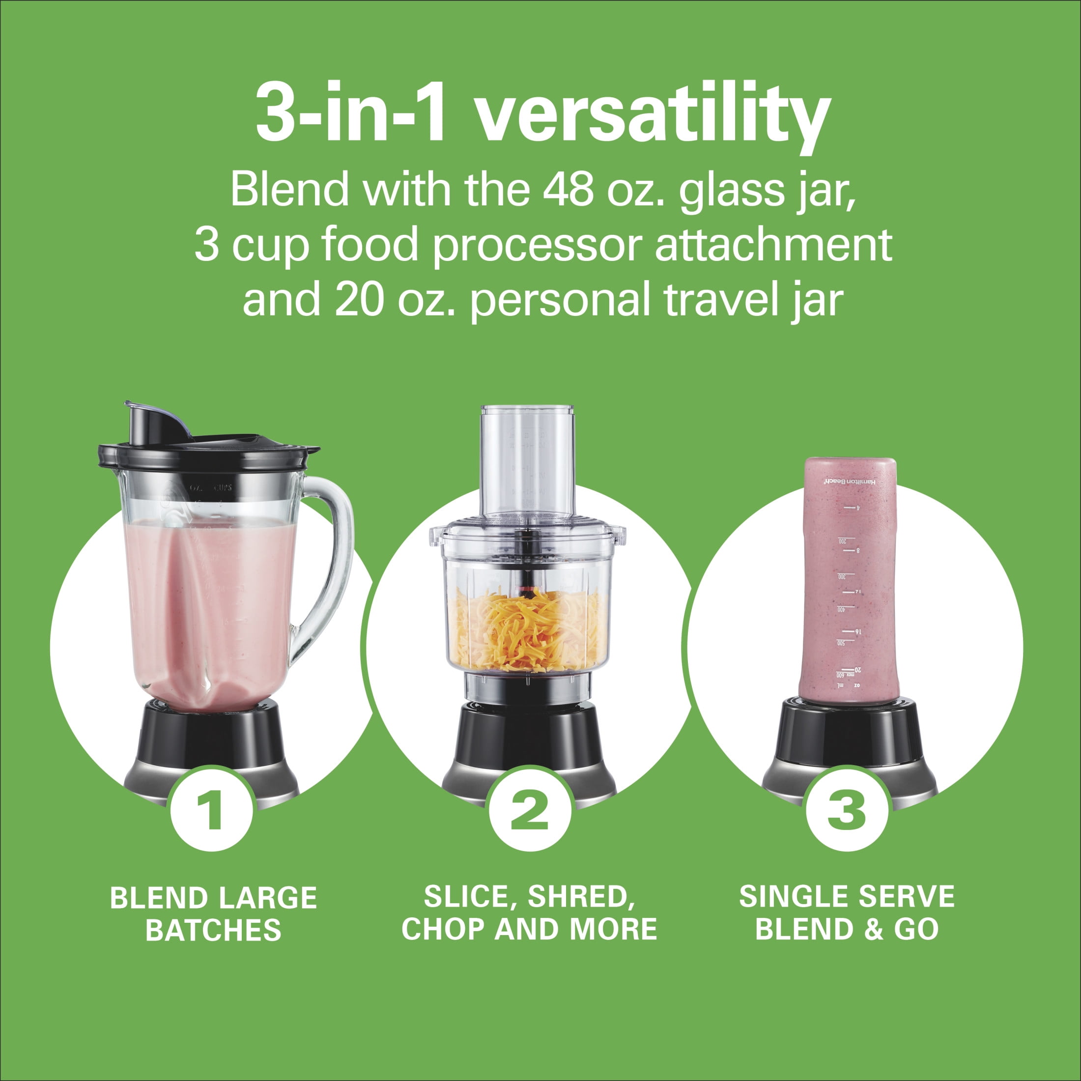 Hamilton Beach 3-in-1 Electronic Kitchen System, Smoothie Blender with 48 oz. Glass Jar, Food Processor Attachment and 20 oz. Travel Jar