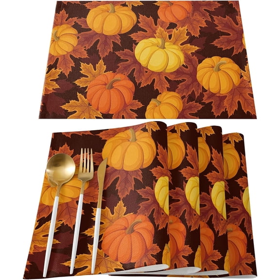 Thanksgiving Placemats Set of 6,Cotton Linen Heat Resistant Table Mats Washable Farmhouse Harvest Pumpkin Maple Leaves It''s Fall Y''all Placemat for Holiday Banquet Party Dining Kitchen Table Decor