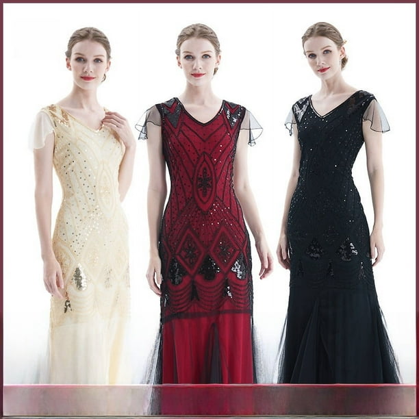 Vestido pequeño de banquete europeo y americano con lentejuelas y bordado hecho a mano