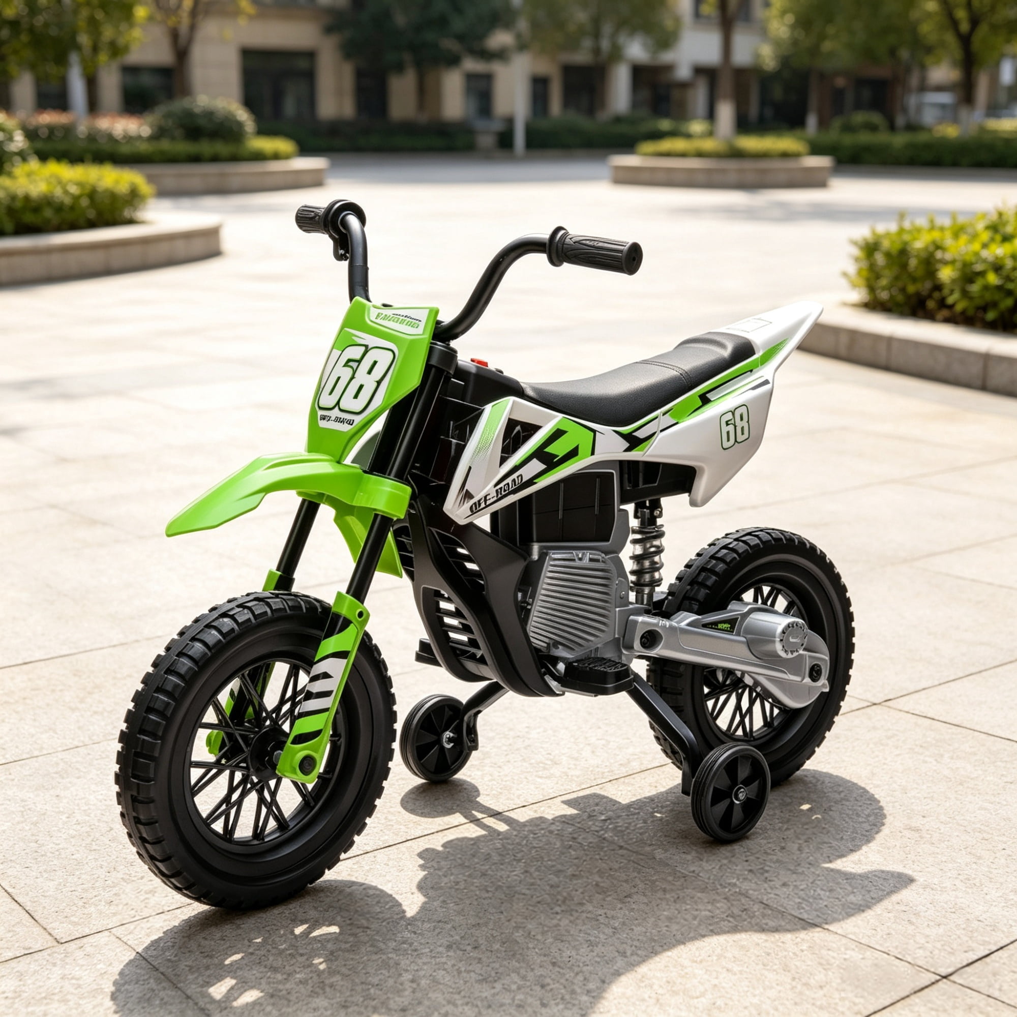 12V Kids Electric Motorcycle, Twist Handle Throttle, Safety Training Wheels, Rear Suspension System, Music Playback, Green