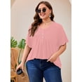 thumbnail image 2 of SHOWMALL Women's Plus Size Pleated Tunic Top, Pink 3X Short Sleeve Scoop Neck Shirt with Decorative Buttons, Casual Loose Fit Summer Blouse, 2 of 8
