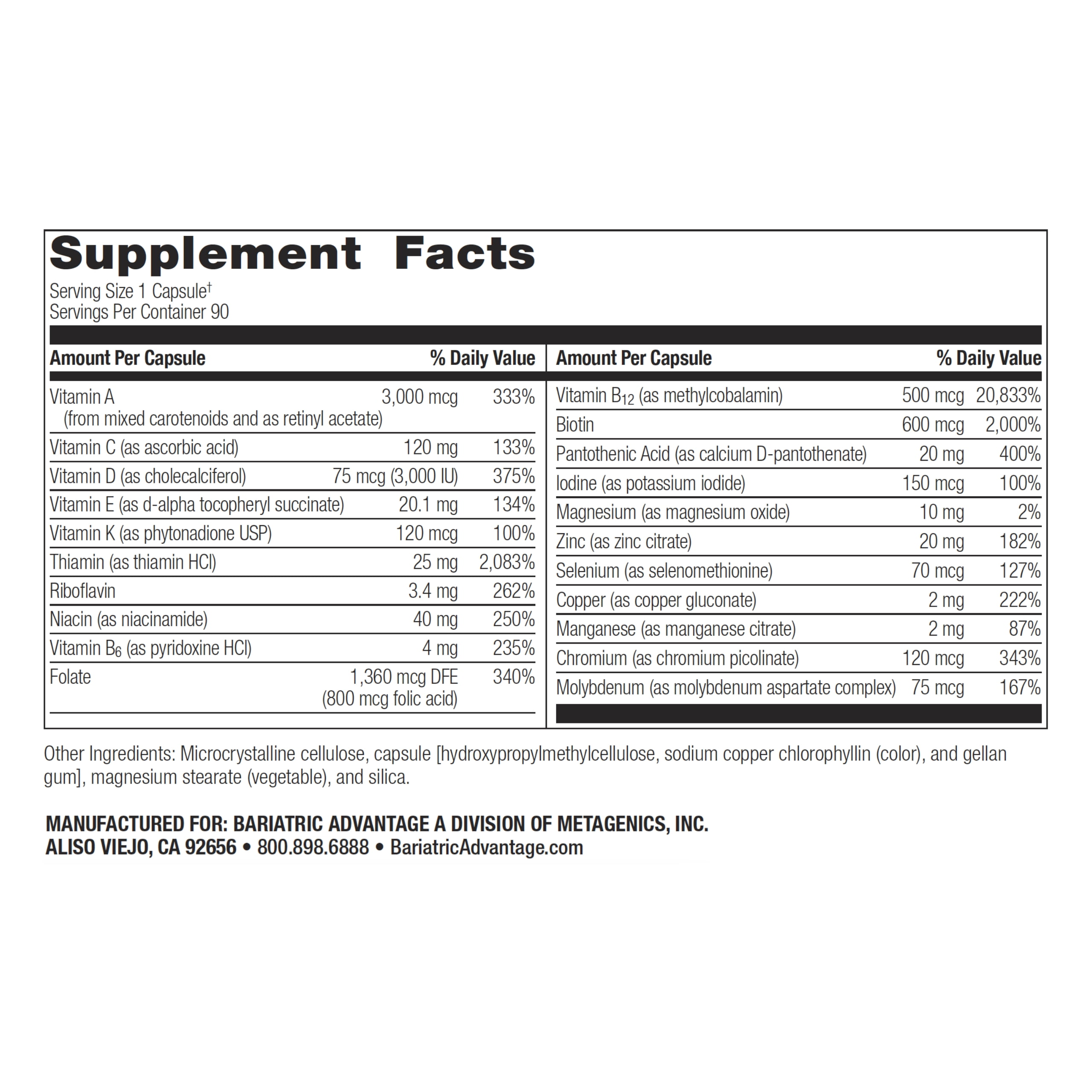 Bariatric Advantage Ultra Solo without Iron - Once-Per-Day Daily Multivitamin - For Bariatric Patients - With Thiamin, Vitamin A & More - Gluten Free - 90 Capsules