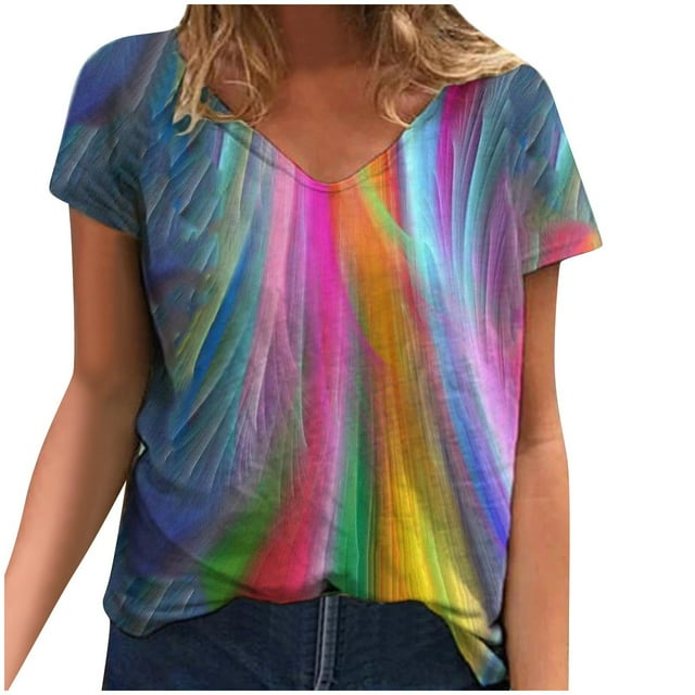 Pompotops Plus Size Femmes Manches Courtes Imprimé V-Cou Tops Tee-Shirt Blouse