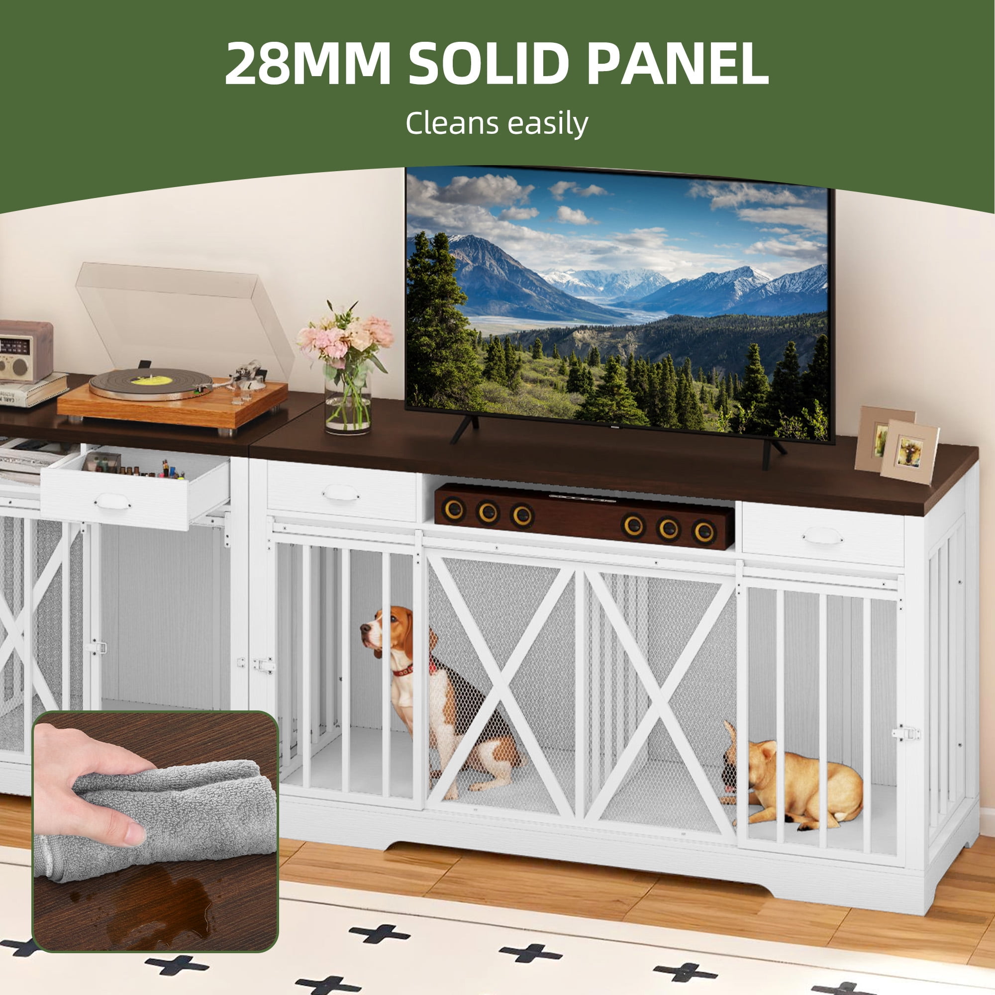 Uforic 63" Dog Crate Furniture with 2 Drawers,TV Stand with Charging Station 63" Large Wooden Indoor Dog Kennel - White