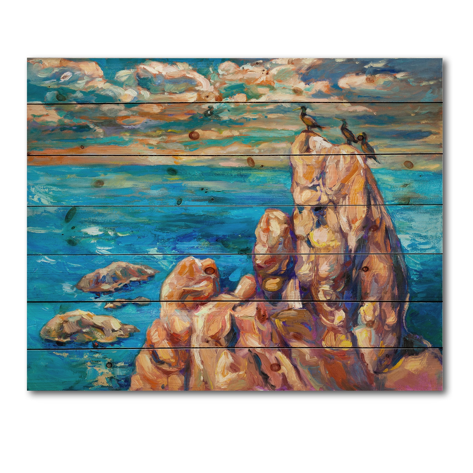 Designart 'The Blue Ocean By Rocky Cliffs I' Nautical & Coastal Print on Natural Pine Wood