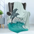 thumbnail image 4 of Sea Animals Soft Flannel Fleece Throw Blanket, Waves Flowing Water Sketch Sea Ocean and 2 Dolphins Summertime, Cozy Plush for Indoor and Outdoor Use, 70" x 90", Charcoal Grey Mint Teal, by Ambesonne, 4 of 5