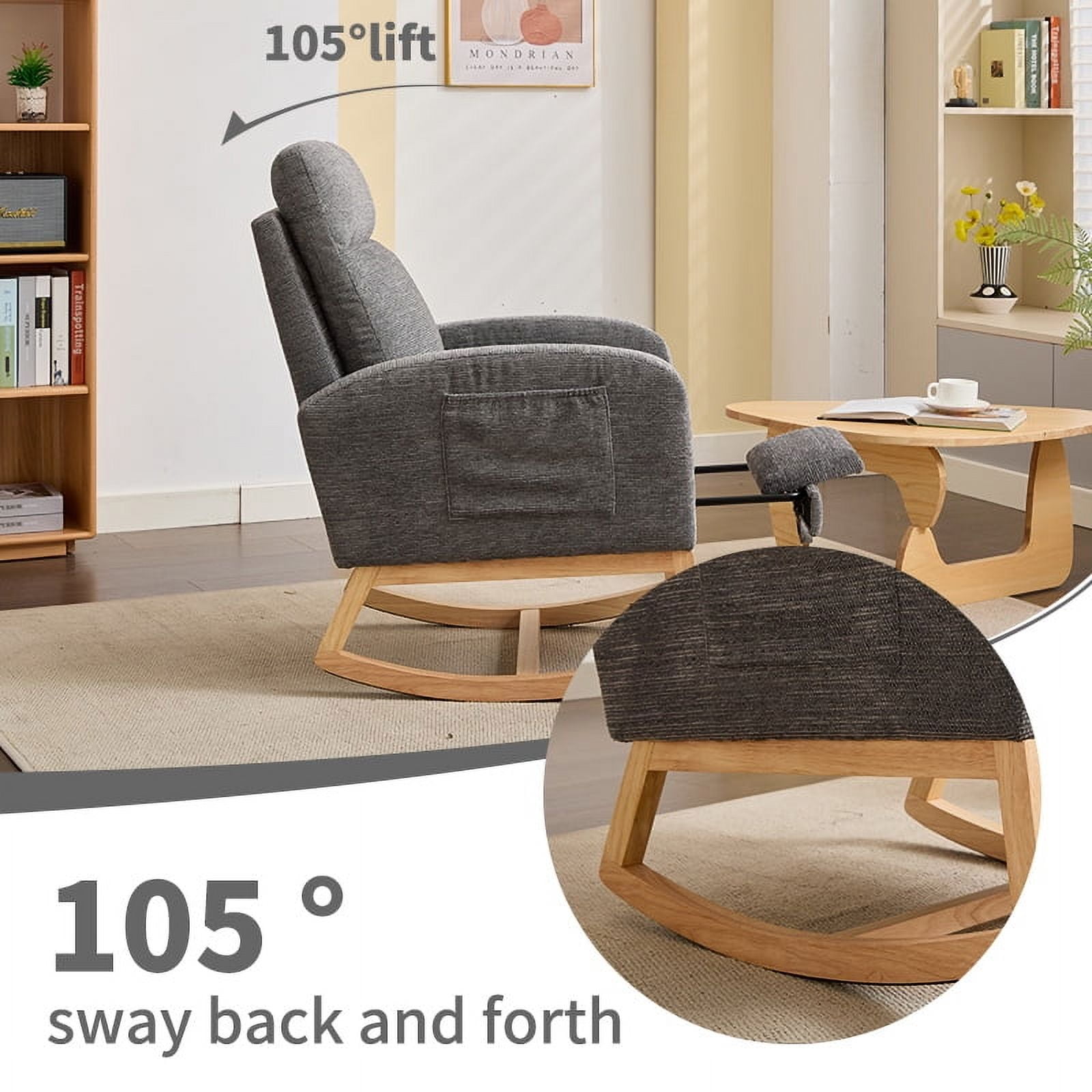 Outdoor Rocking Chairs Modern Accent Rocking Chair Rocking Chair with Solid Wood Legs, Upholstered Nursery Glider Rocker, Comfy Armchair with Side Pocket, Living Room Lounge Arm Chair with High Back