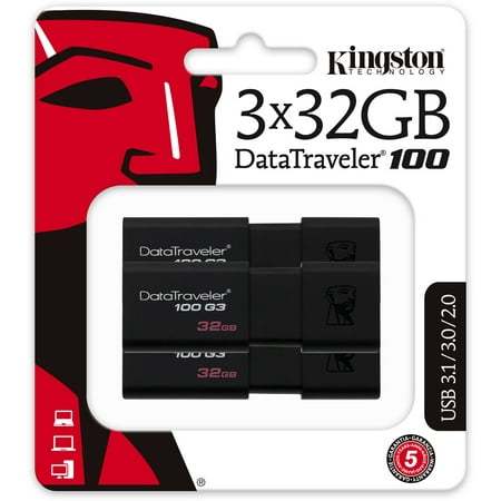 Kingston 32GB USB 3.0 Black DataTraveler 100 G3 3 Pack (DT100G3/32GB-3P)