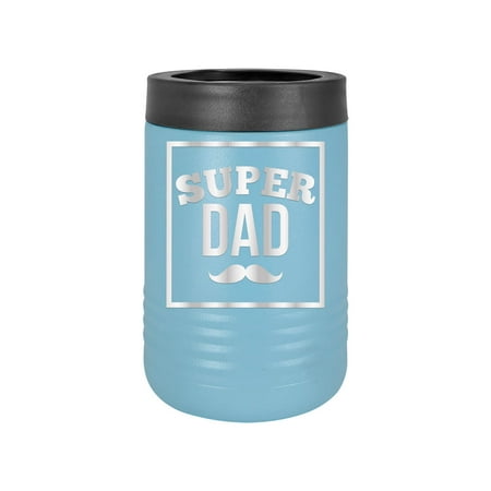 

Super Dad with Mustache - Engraved Can Bottle Beverage Holder Cup Unique Funny Birthday Gift Graduation Gifts for Men Women Fathers Day Dad Daddy Papa Pops best buckin (Bev Baby Blue)