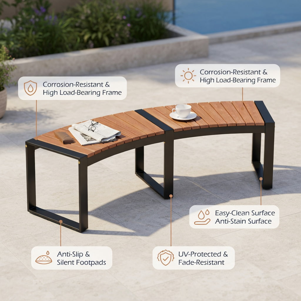 Hommoo 2-Piece Curved Patio Bench Set, Acacia Wood Slatted Seat with Powder-Coated Metal Legs, Outdoor Seating for Backyard, Poolside & Balcony, Yellow