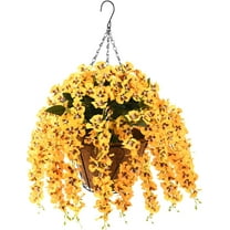 Artificial Silk Flowers in Hanging Basket Outdoor Indoor Patio Lawn Corridor Garden Decor, Fake Hanging Orchid in Basket, Hanging Orchid with 10-inch Coconut Lining Chain Palm Flowerpot(Yellow)